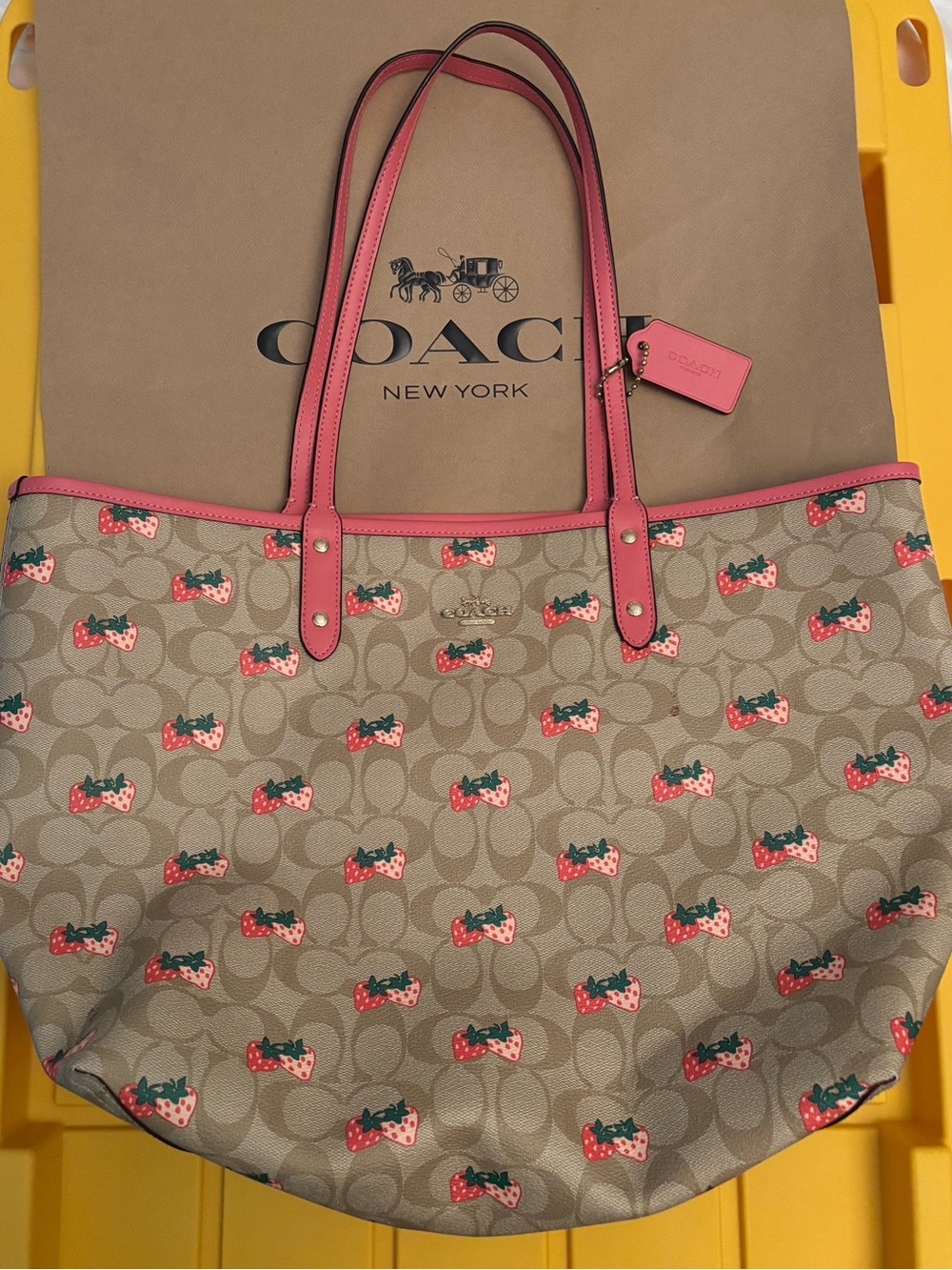 Coach Beige Signature Canvas Tote with Pink Trim and Strawberry Print - Picture 3 of 6